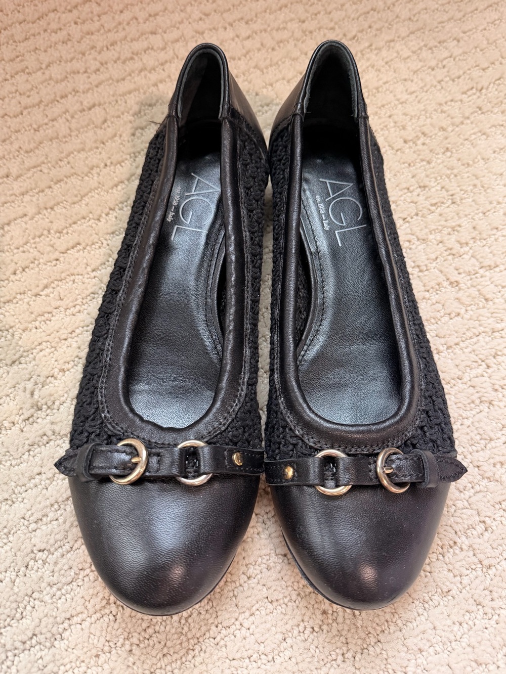 AGL Black Crochet & Leather Ballet Flats with Gold-Tone Buckle Sz. 38.5